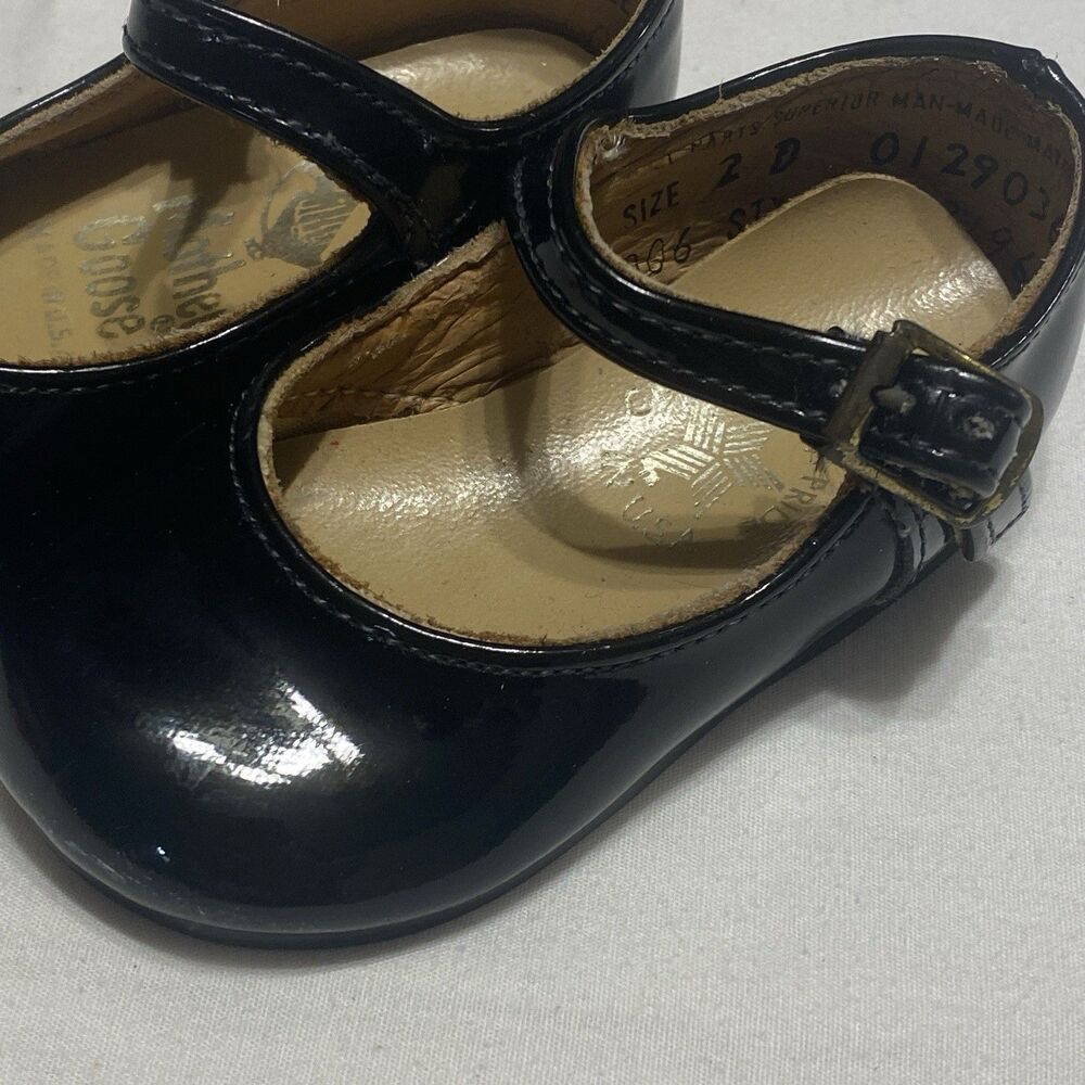Vintage 1950s Mother Goose Black Patent Leather Mary Jane Shoes Girls Size 2D